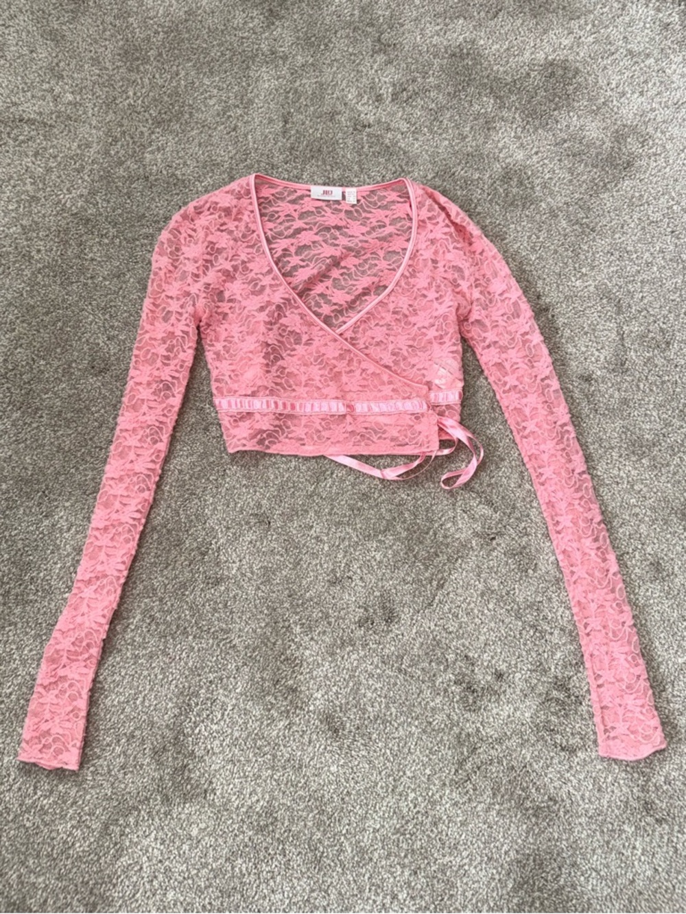 Y2K 2000s Vtg JLo Jennifer Lopez Pink Peach Crop Wrap Lace Long Sleeve Top XS